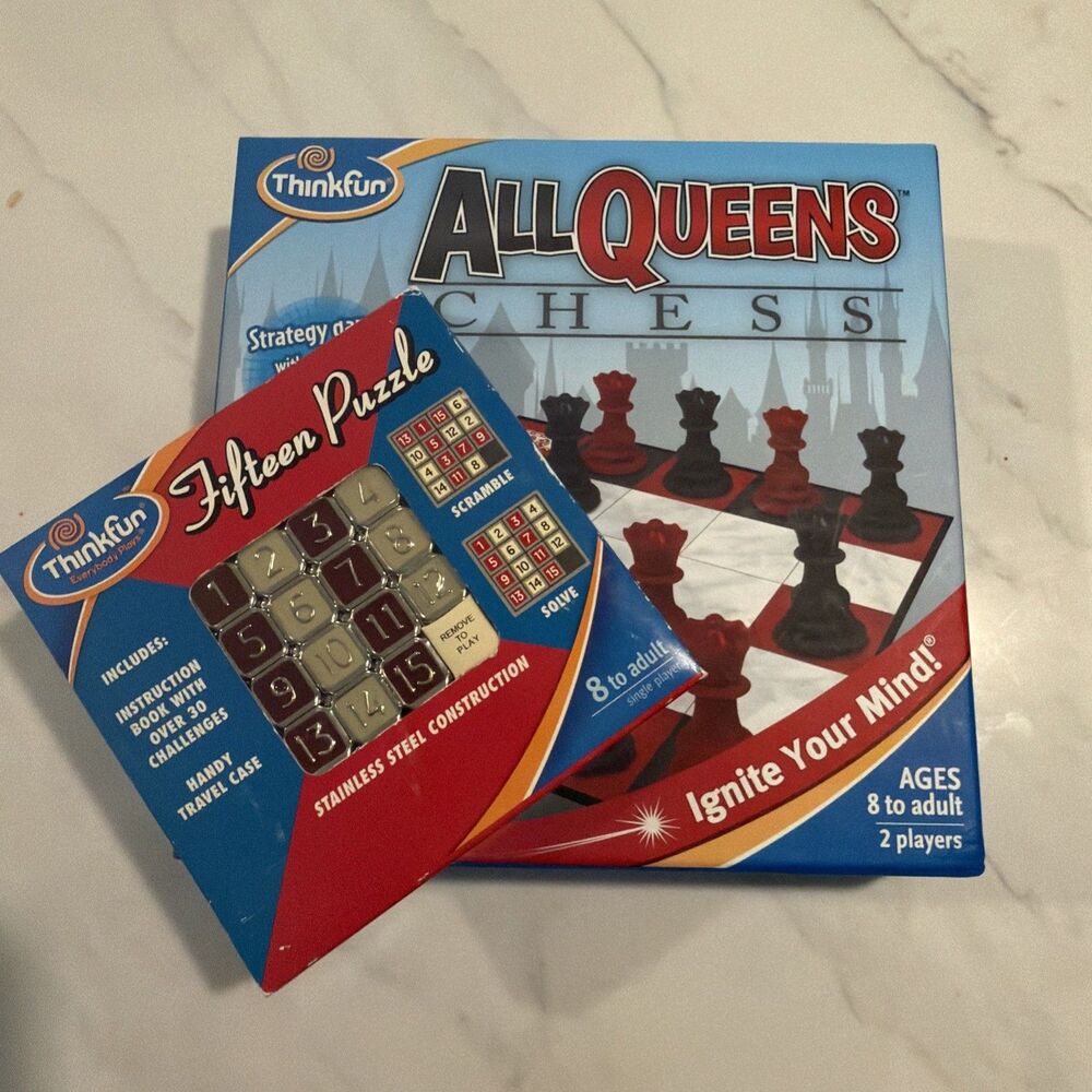 Lot of 2 Thinkfun Games Fifteen Puzzle All Queens Chess Logic Strategy NEW Gift